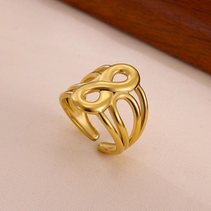 Detailed view of infinity symbol ring with triple-strand openwork and adjustable band
