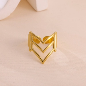 Macro detail of a triple-layered V-shaped gold plated stainless steel open ring