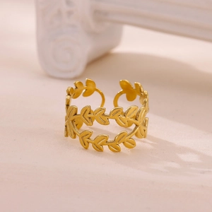 Golden stainless steel adjustable open ring with intricate double layer olive leaf design