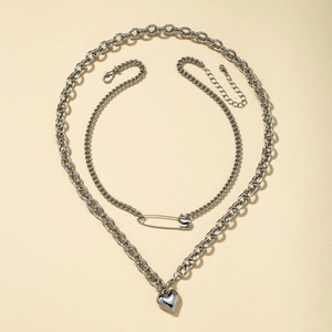 Double layer silver heart pendant necklace with trendy safety pin link chain jewelry