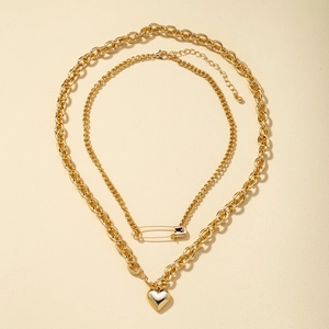 Fashion Punk Double Layer Alloy Heart Pendant Necklace With Safety Pin Decor Gold Silver Layered Chain Jewelry For Women