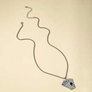 Silver poker cards pendant necklace with royal flush design on long link chain