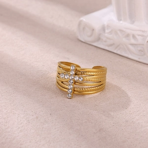 Gold multi-layer stainless steel cross ring with sparkling zircon and adjustable open band