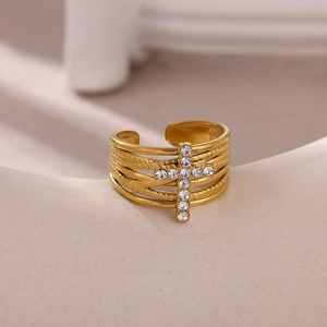 Gold multi-layer stainless steel cross ring with sparkling zircon stones for women