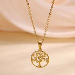 Vintage 18K Gold Plated Stainless Steel Tree Of Life Flower Leaf Cross Pendant Necklace For Women Trendy Jewelry Gift
