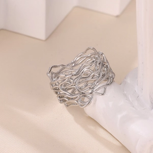 Minimalist silver wavy layered open ring with irregular hollow vine design for women