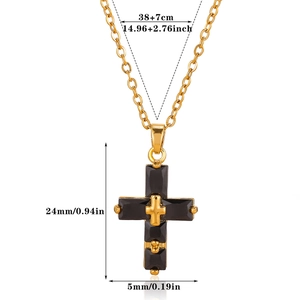Collana a croce punk retrò dorata con pietre preziose nere rettangolari e zircone incastonato