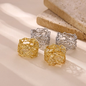 Stainless Steel Irregular Hollow Woven Line Rings For Women Geometric Heart Wide Band Gold Silver Plated Fashion Jewelry
