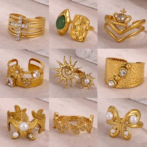 Stainless Steel Zircon Imitation Artificial Pearl Open Ring For Women Gold Plated Heart Butterfly Crown Starfish Adjustable Ring