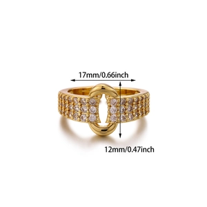 Luxury 18k gold plated copper ring with triple-row zircon pavé and double oval buckle