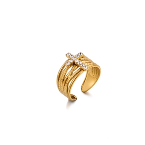 Layered gold titanium steel cross ring with sparkling zircon in a multi-row design