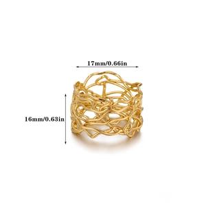 Minimalist gold irregular hollow wire wrapped ring with bird nest design and broad band
