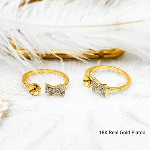 DIY Jewelry Findings Copper 18K Gold Plated Micro Pave Zirconia Bowknot Vertical Bar Open Adjustable Ring Setting For Artificial Pearl