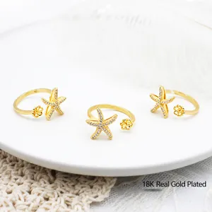 Monture de Bague Ajustable en Cuivre Plaqué Or 18K Étoile de Mer Fleur Avec Zircon Cubique Pour Bijoux Künstliche Perle DIY