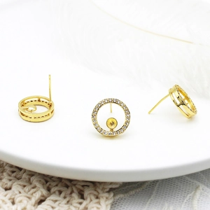 18K gold plated micro-paved CZ round pearl earring base connectors for DIY jewelry making