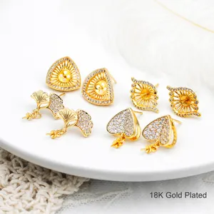 Postes de Pendiente Corazón Ginkgo de Cobre Bañado en Oro 18K Strass Poste de Plata de Ley 925 DIY Creación de Joyas