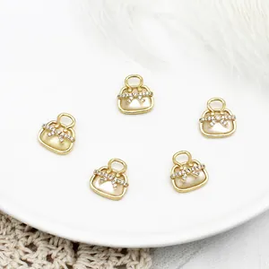 18K Gold Plated Copper Mini Handbag Pendant With Mother Of Artificial Pearl And Rhinestone Bowknot For DIY Jewelry Making Women