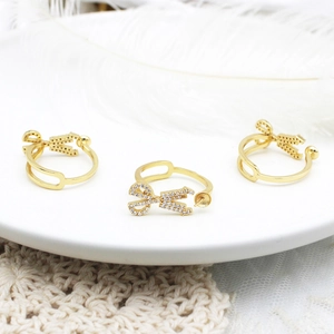 DIY 18K gold plated bow jewelry ring base with zircon micro-pave for pearl mounting