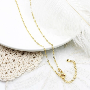 Detail van de 18K vergulde lipketting met karabijnsluiting en verstelbare verlenging