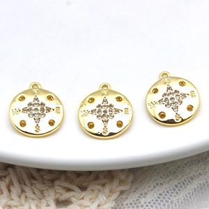 Ciondolo a bussola rotondo placcato oro 18k con stella in zircone per collane e bracciali