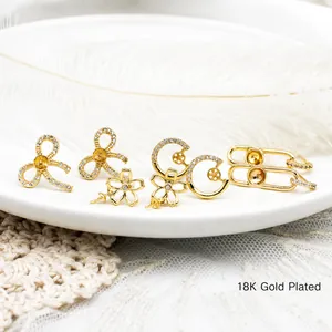 Pendientes de Botón de Cobre Chapado en Oro 18K Con Poste de Plata de Ley 925 Flores Lazo Strass Accesorios para Creación de Joyas DIY