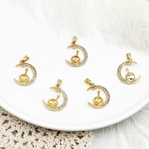 5 pieces of 18K gold plated moon pendants with white zircon inlays for DIY jewelry making