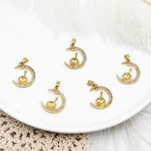 18K Gold Plated Copper Moon Shaped Artificial Pearl Tray Pendant Micro Pave Zircon DIY Jewelry Making Setting Accessory For Necklace