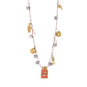 Handgemaakte geweven paarse ketting met vis hanger, parels en kristallen hangers