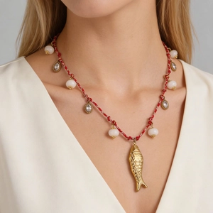 Detail van de gouden vis hanger met rood en wit gevlochten touw en witte kralen