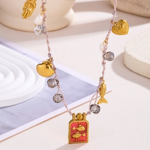 Bohemian roze touwketting met roestvrijstalen vis, parels en schelpen hangers