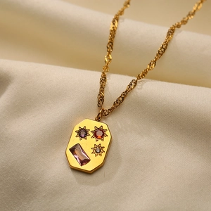 Retro titanium steel gold necklace featuring octagonal pendant with colorful zircons