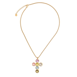 Collana a croce in acciaio inossidabile dorato con sei gemme colorate tonde