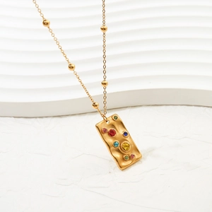 18K gold-plated stainless steel necklace with colorful gemstones and textured pendant