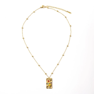 18K gold plated stainless steel necklace with colorful gems and hammered rectangle pendant