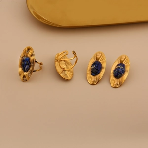 Vintage stainless steel jewelry set with golden oval earrings and natural blue stone ring