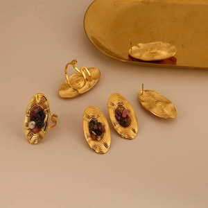 Vintage stainless steel jewelry set with oval earrings and adjustable natural stone rings