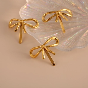 Minimalist 18K Gold Plated Stainless Steel Bowknot Hair Clip With Black Elastic Hair Tie Ribbon Design Hair Accessory For Women
