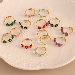 Minimalist gold stainless steel open rings with colorful handmade beaded flowers
