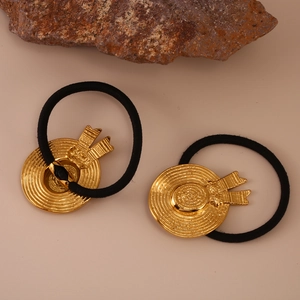 Golden straw hat hair ties set with metallic floral accents and black elastic bands