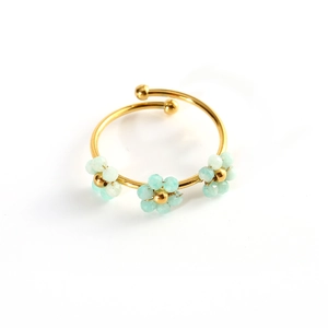 Minimalist gold open ring featuring three light blue natural stone flower charms
