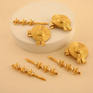 Golden starfish hairpins with faux pearls and miniature straw hat hair clips set