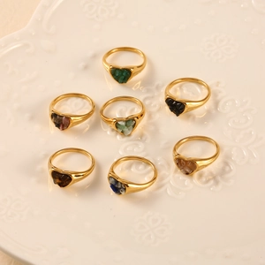 Vintage Heart Shaped Stainless Steel Ring For Women 18K Gold Plated Natural Stone Inlay Bohemian Style Jewelry Ring Gift