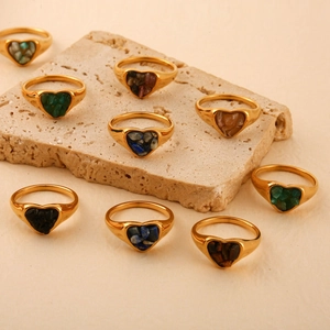 Bohemian 18K gold plated heart rings with natural colorful stones on a stone base