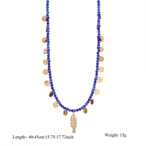 Detail of blue bead necklace with golden fish pendant and sequin accents, 45cm long