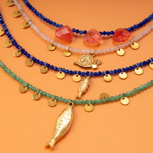 Bohemian multi-layer beaded necklace with fish charms and colorful natural stones