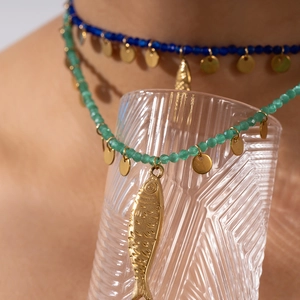 Handmade natural stone beaded necklace set with golden fish pendant for women
