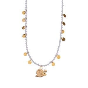 Handmade necklace with purple beads and a detailed golden snail shell pendant charm
