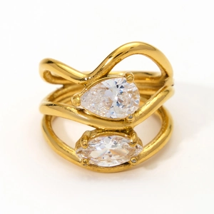 Anello dorato multistrato a onde con pietre di zirconia a forma di pera e marquise