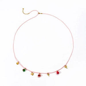 Pink woven body chain with shell fruit pendants and golden elephant charms for beach fashion