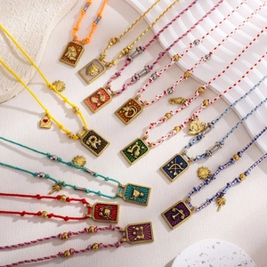 Handmade stainless steel 12 zodiac pendant necklaces with colorful cotton ropes and charms